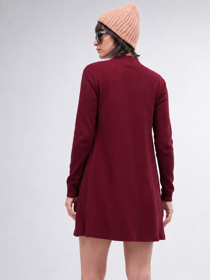 Women Maroon Full Sleeves Rib Shrug
