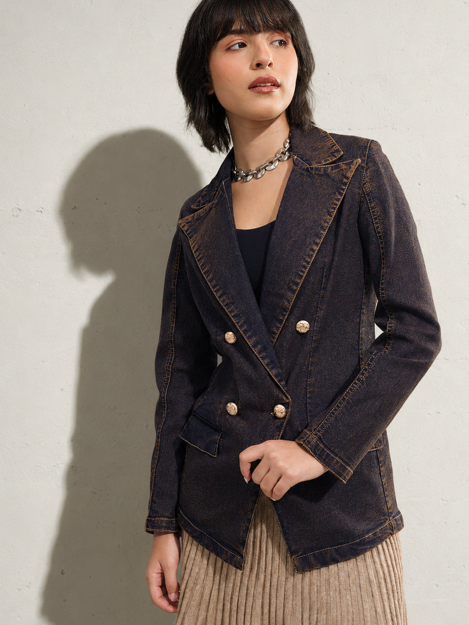 Women Navy With Green Acid Wash Notch Collar Oversize Blazer