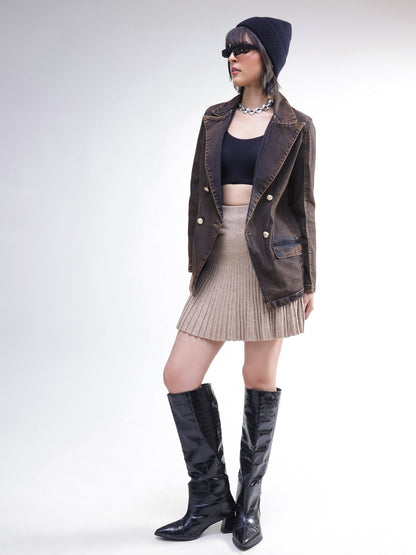 Women Navy With Green Acid Wash Notch Collar Oversize Blazer