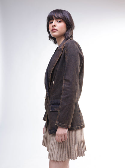 Women Navy With Green Acid Wash Notch Collar Oversize Blazer