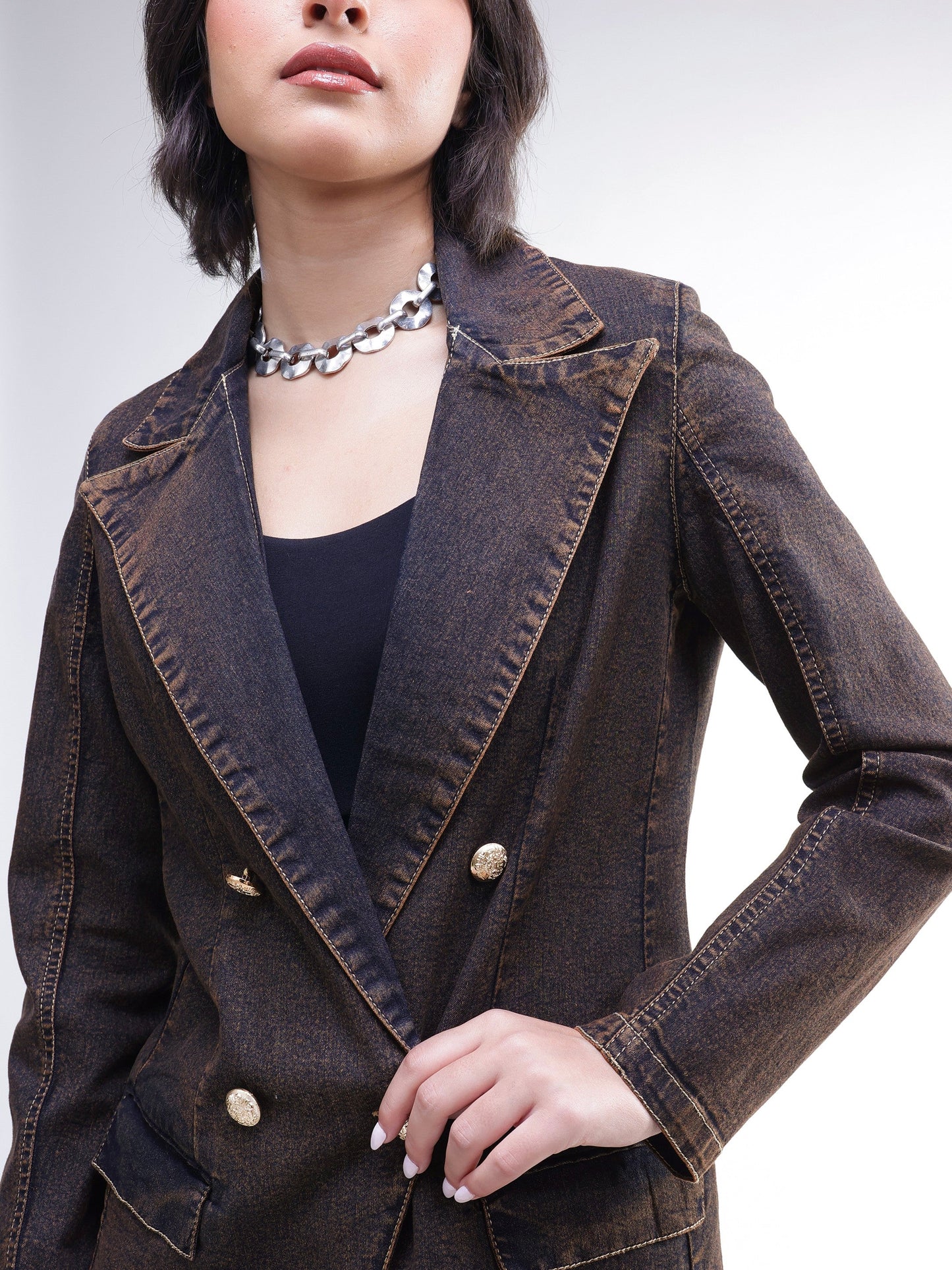 Women Navy With Green Acid Wash Notch Collar Oversize Blazer