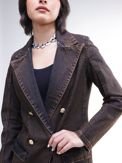 Women Navy With Green Acid Wash Notch Collar Oversize Blazer