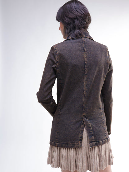 Women Navy With Green Acid Wash Notch Collar Oversize Blazer