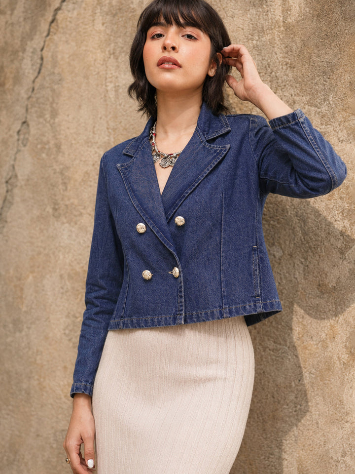 Women Blue Washed Denim Notch Collar Crop Blazer