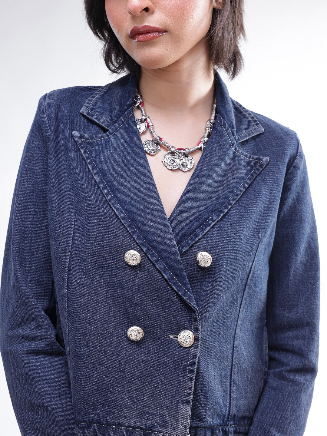 Women Blue Washed Denim Notch Collar Crop Blazer
