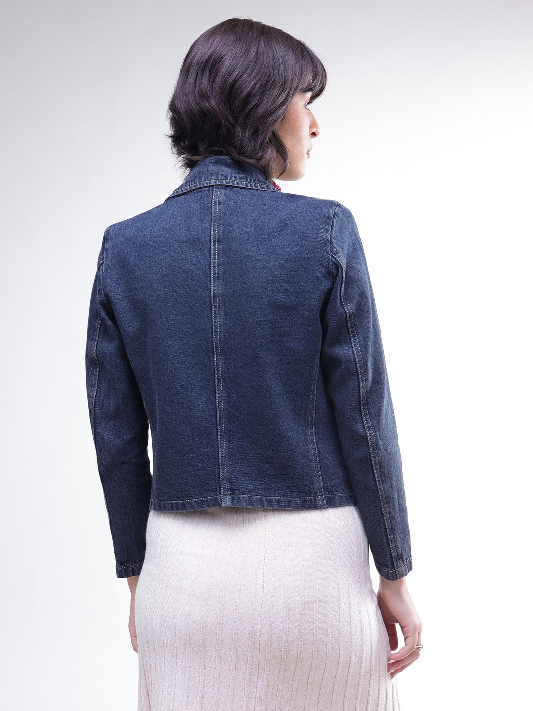 Women Blue Washed Denim Notch Collar Crop Blazer