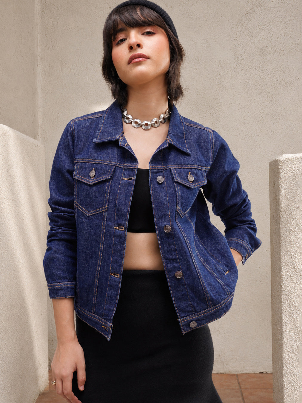 Women Navy Denim Regular Jacket
