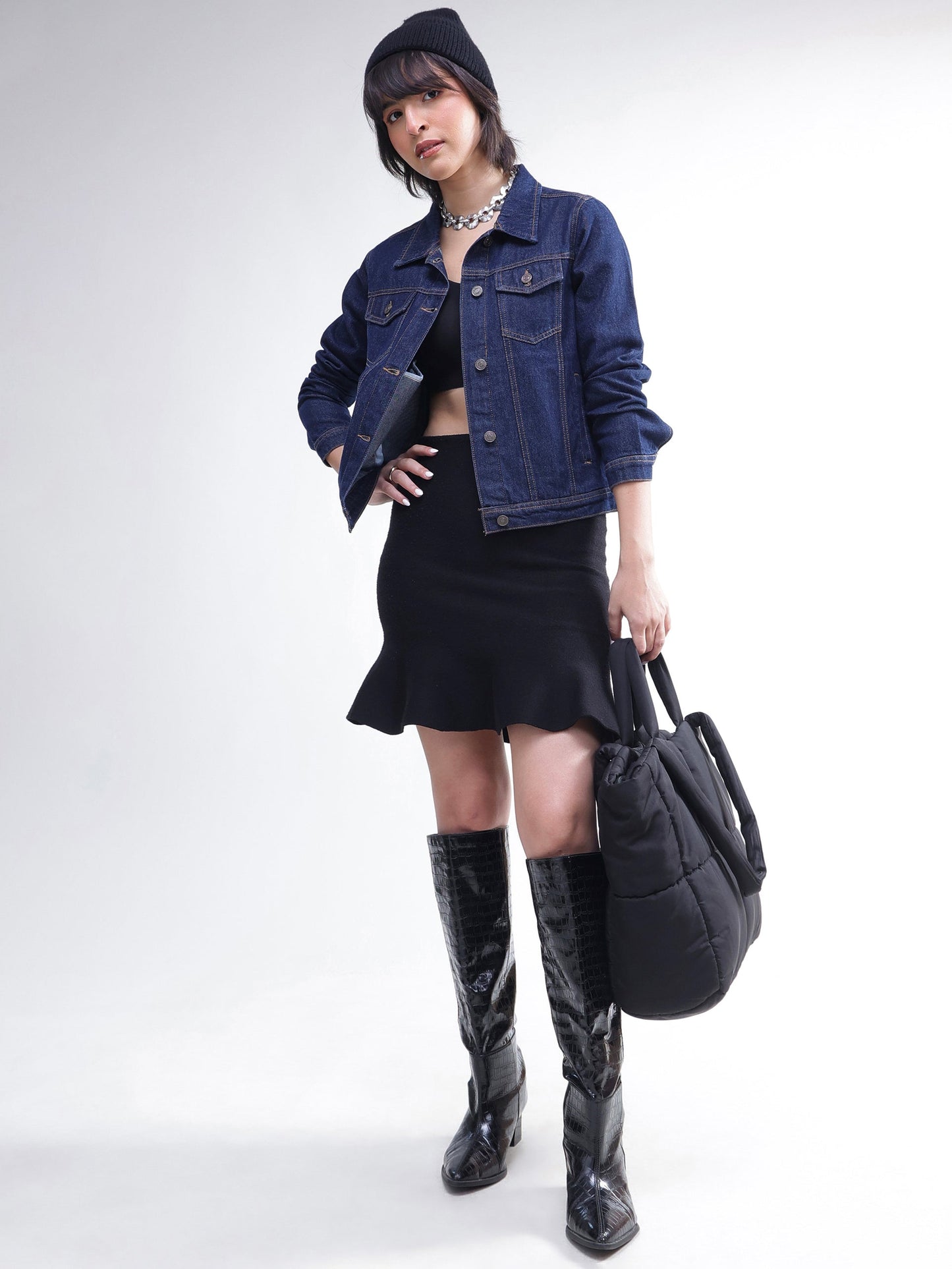 Women Navy Denim Regular Jacket