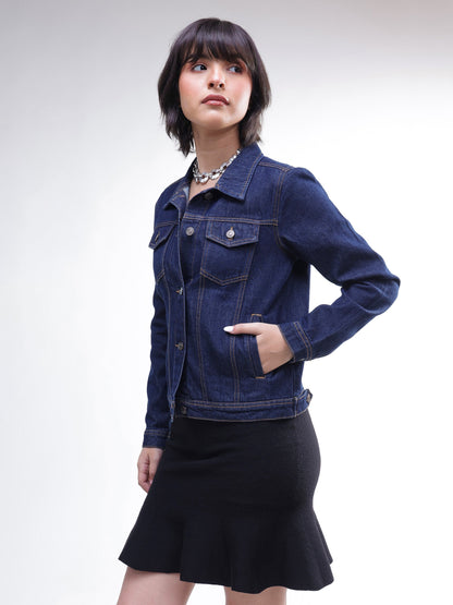 Women Navy Denim Regular Jacket