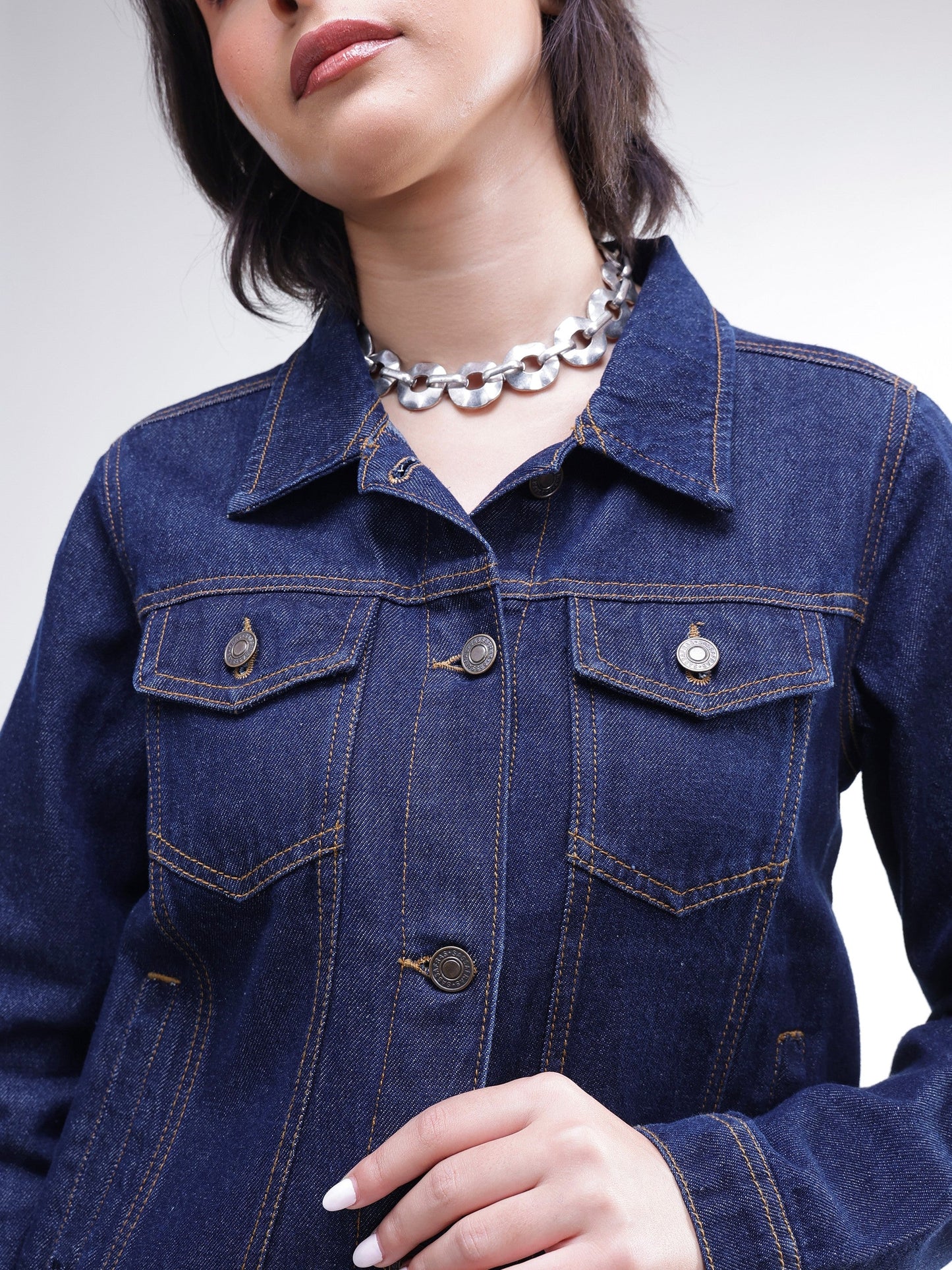 Women Navy Denim Regular Jacket