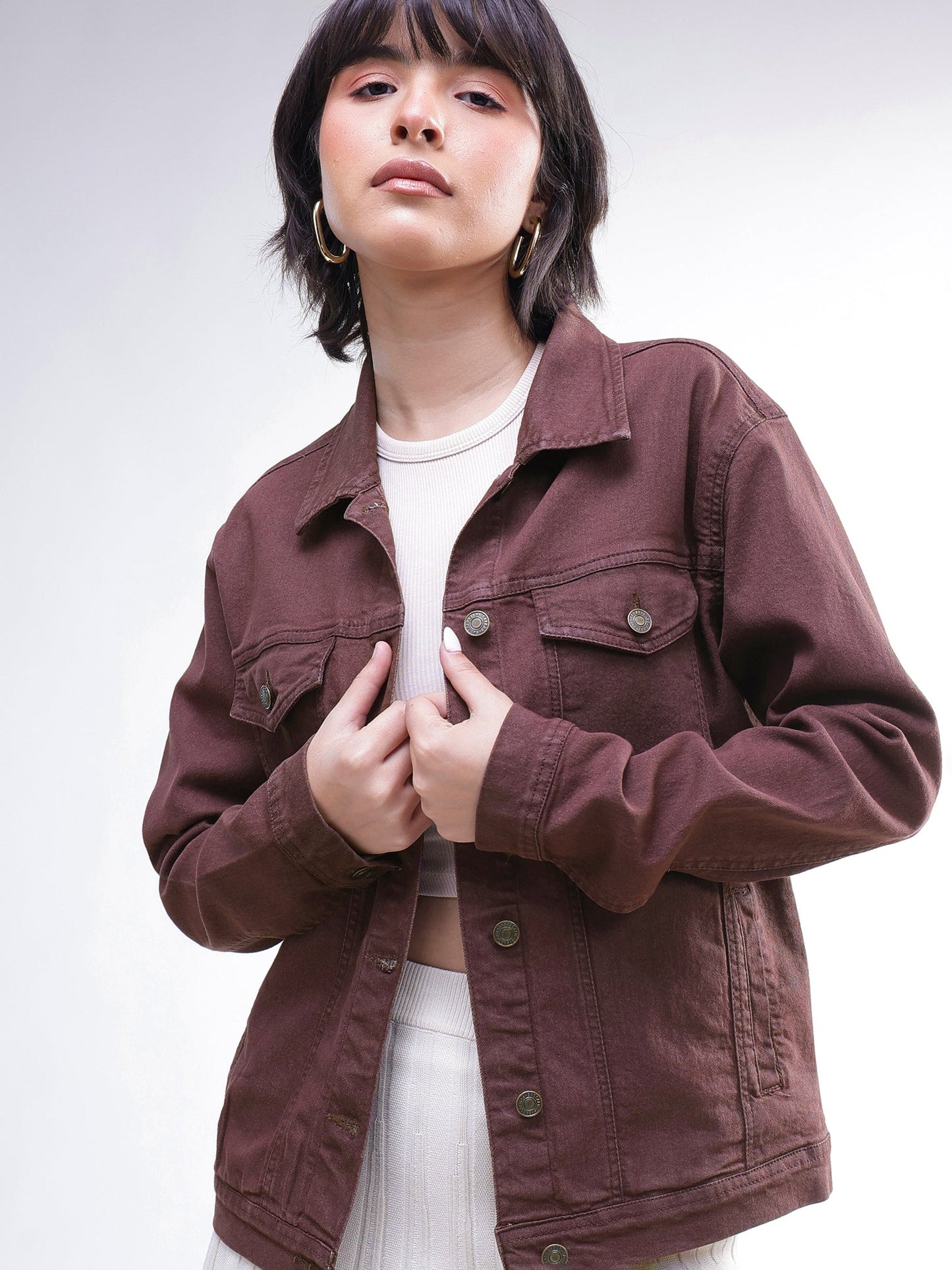 Women Brown Wash Denim Oversized Jacket