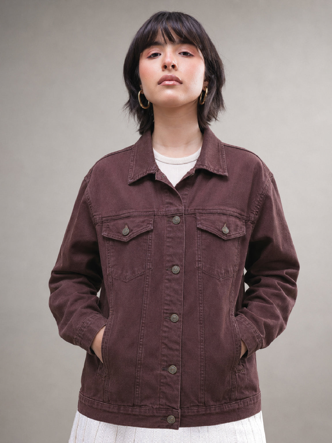 Women Brown Wash Denim Oversized Jacket