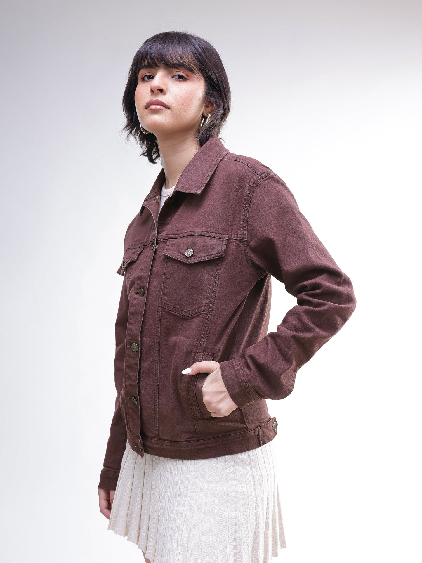 Women Brown Wash Denim Oversized Jacket