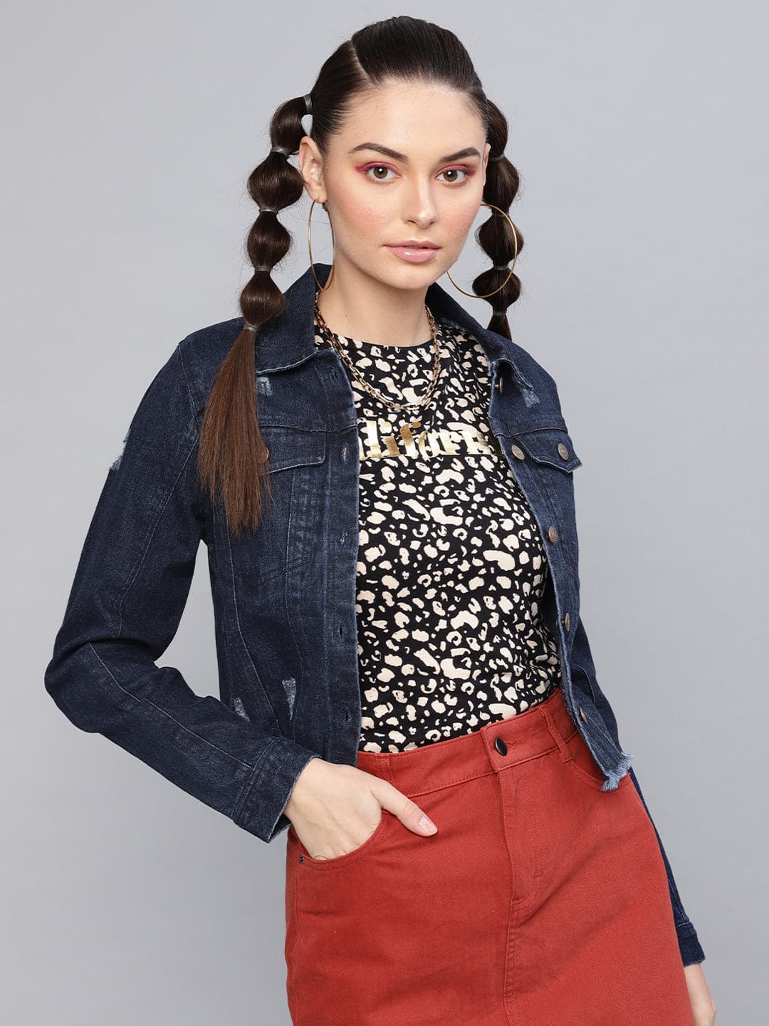 Women's Dark Blue Denim Distressed Jacket in Cotton by Sassafras for wholesale, bulk, supplier, manufacturer and wholesaler buyers from Trendphoria