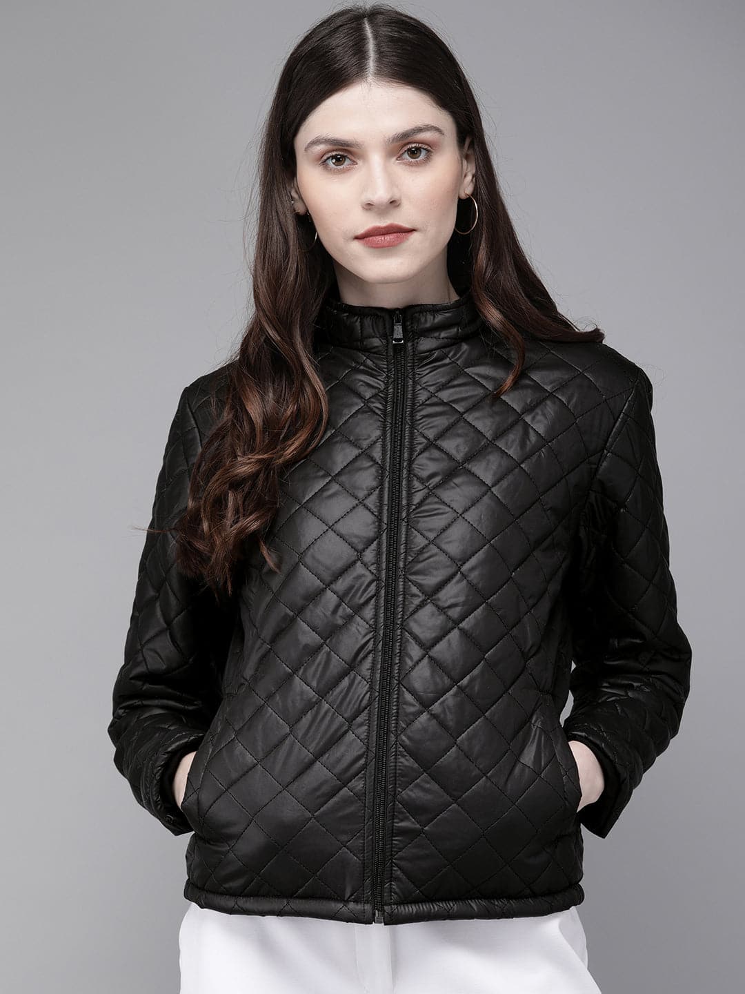 Women's Black Quilted Hooded Puffer Jacket in Crepe by Sassafras for wholesale, bulk, supplier, manufacturer and wholesaler buyers from Trendphoria