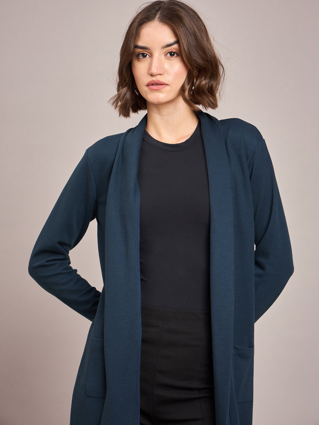 Women Teal Rib Longline Shrug
