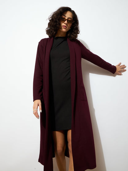 Women's Women Burgundy Rib Longline Shrug in Polyester by Sassafras for wholesale, bulk, supplier, manufacturer and wholesaler buyers from Trendphoria