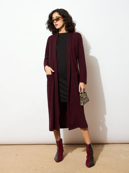 Women Burgundy Rib Longline Shrug