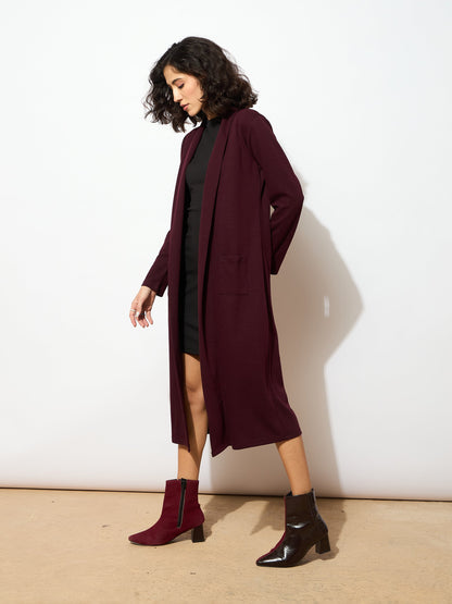 Women Burgundy Rib Longline Shrug