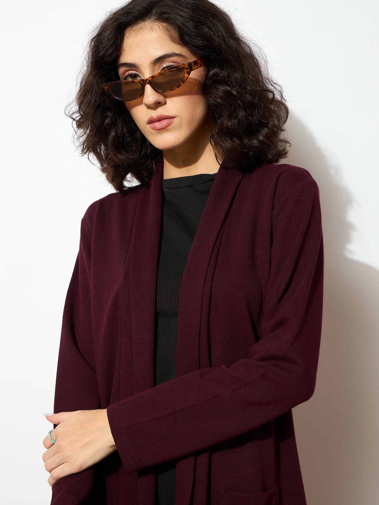 Women Burgundy Rib Longline Shrug