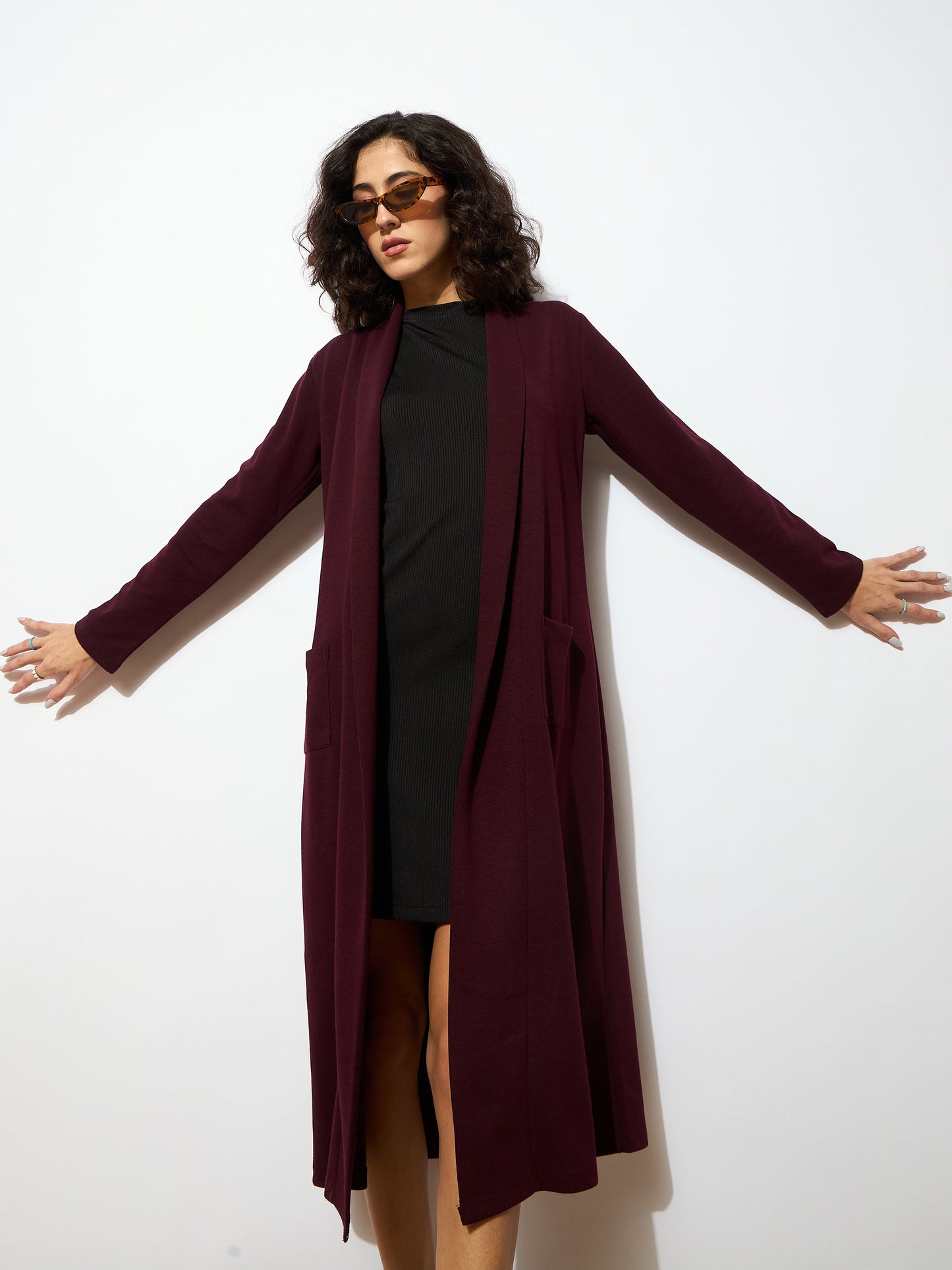 Women Burgundy Rib Longline Shrug