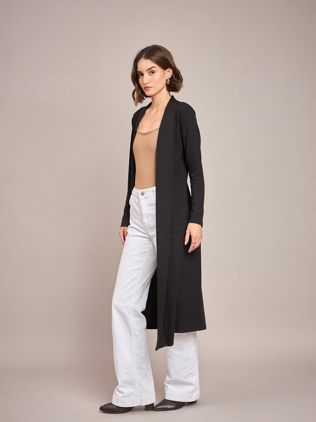 Women Black Rib Longline Shrug