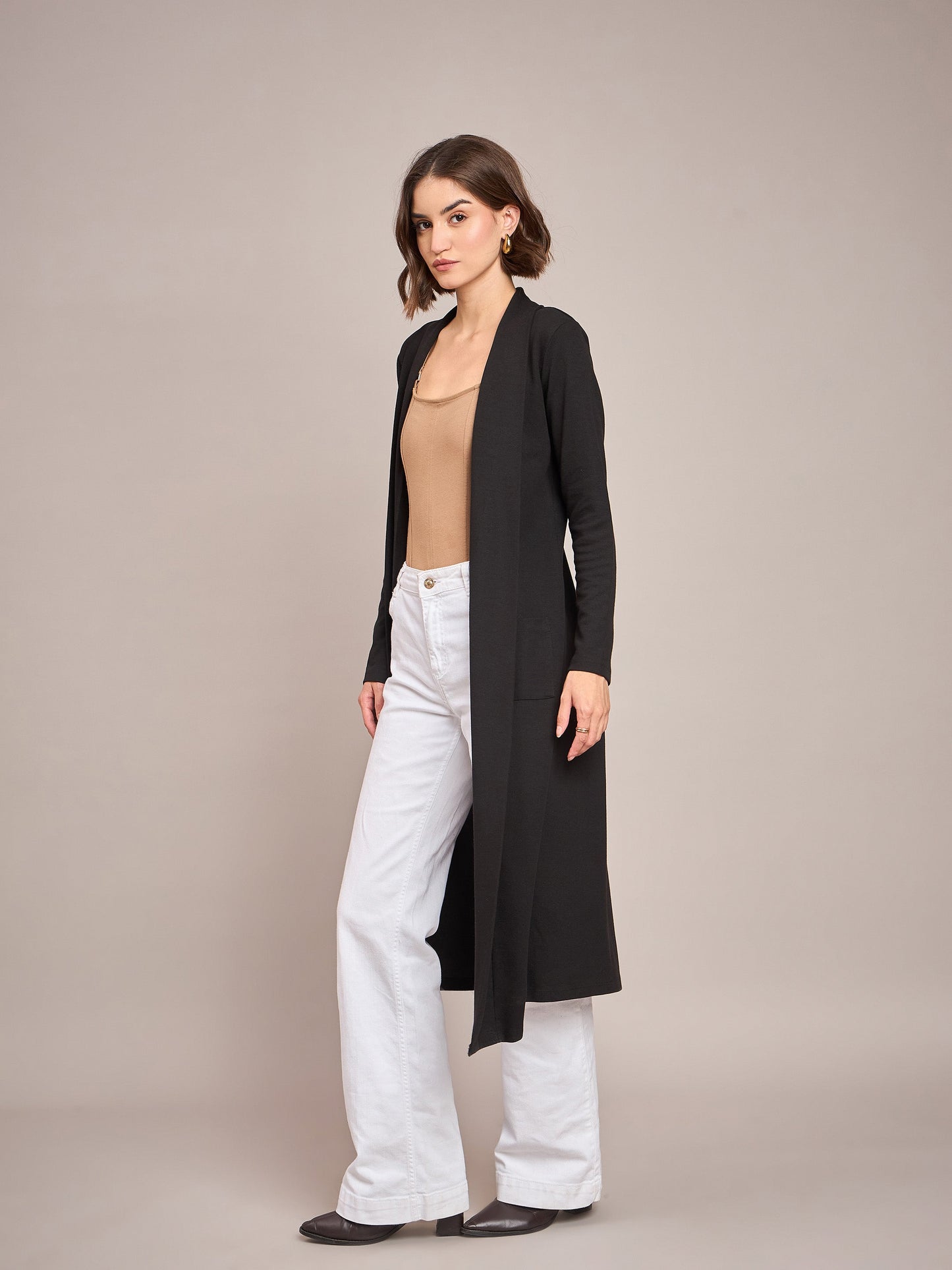 Women Black Rib Longline Shrug