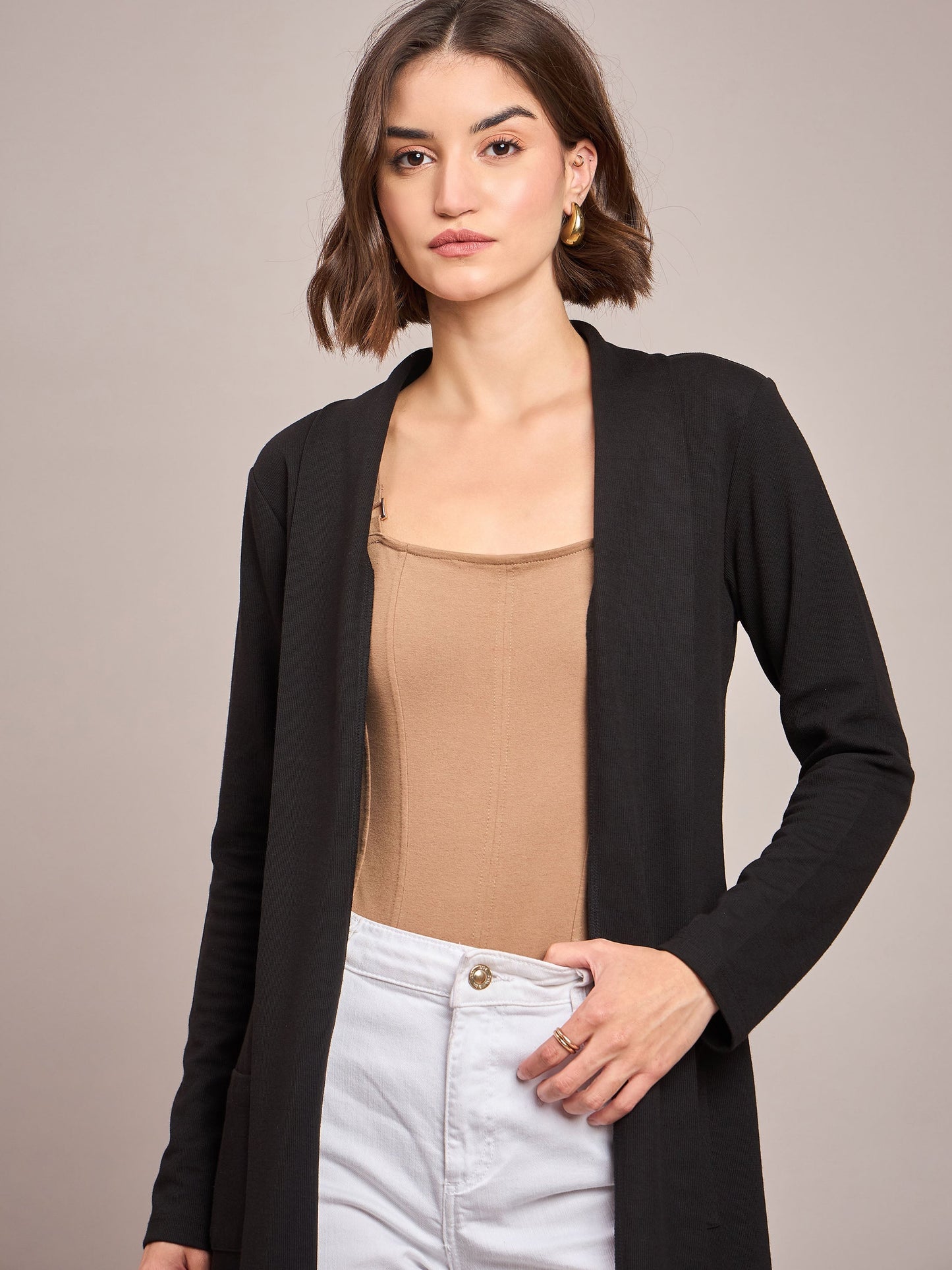 Women Black Rib Longline Shrug