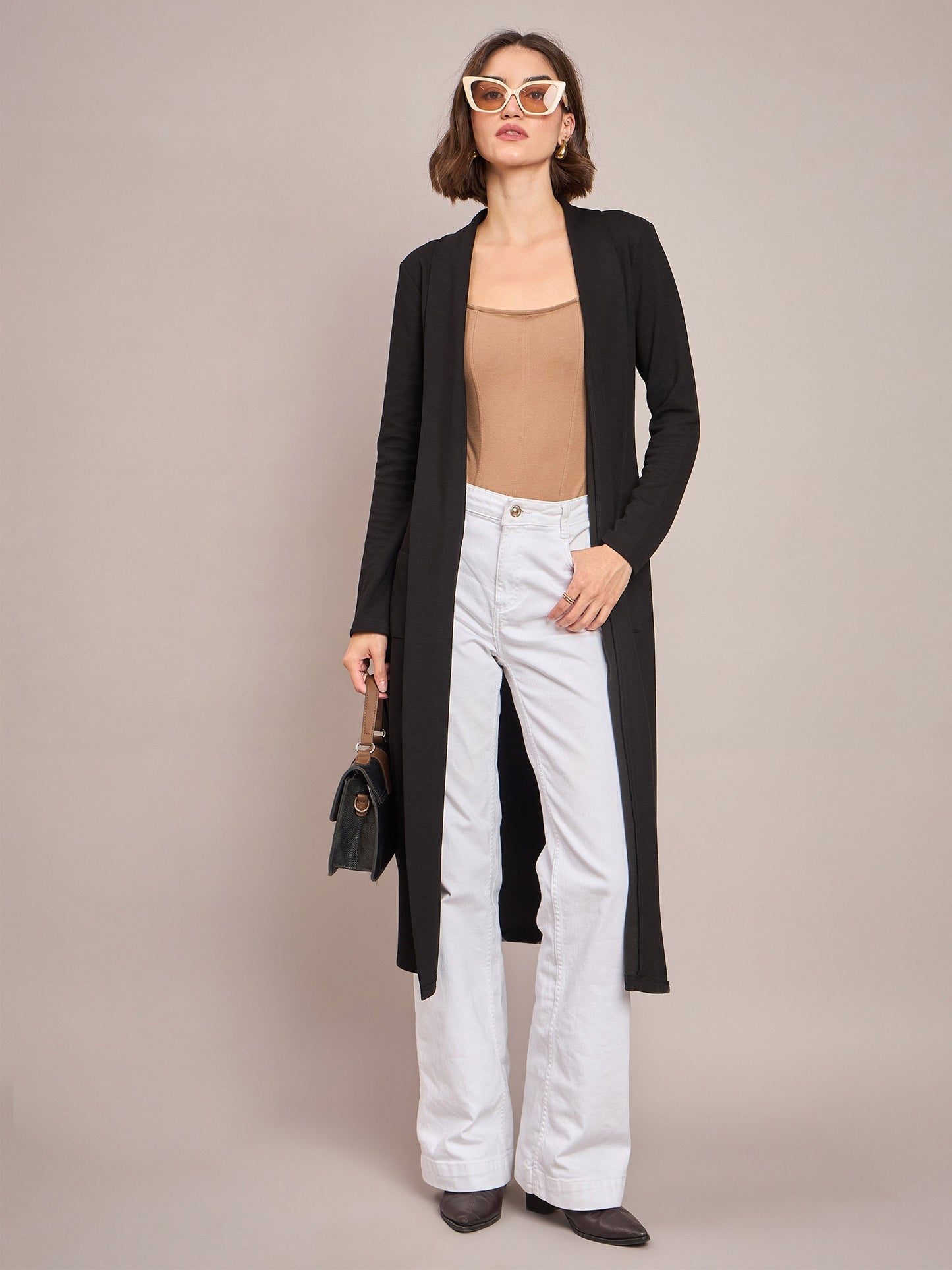 Women Black Rib Longline Shrug