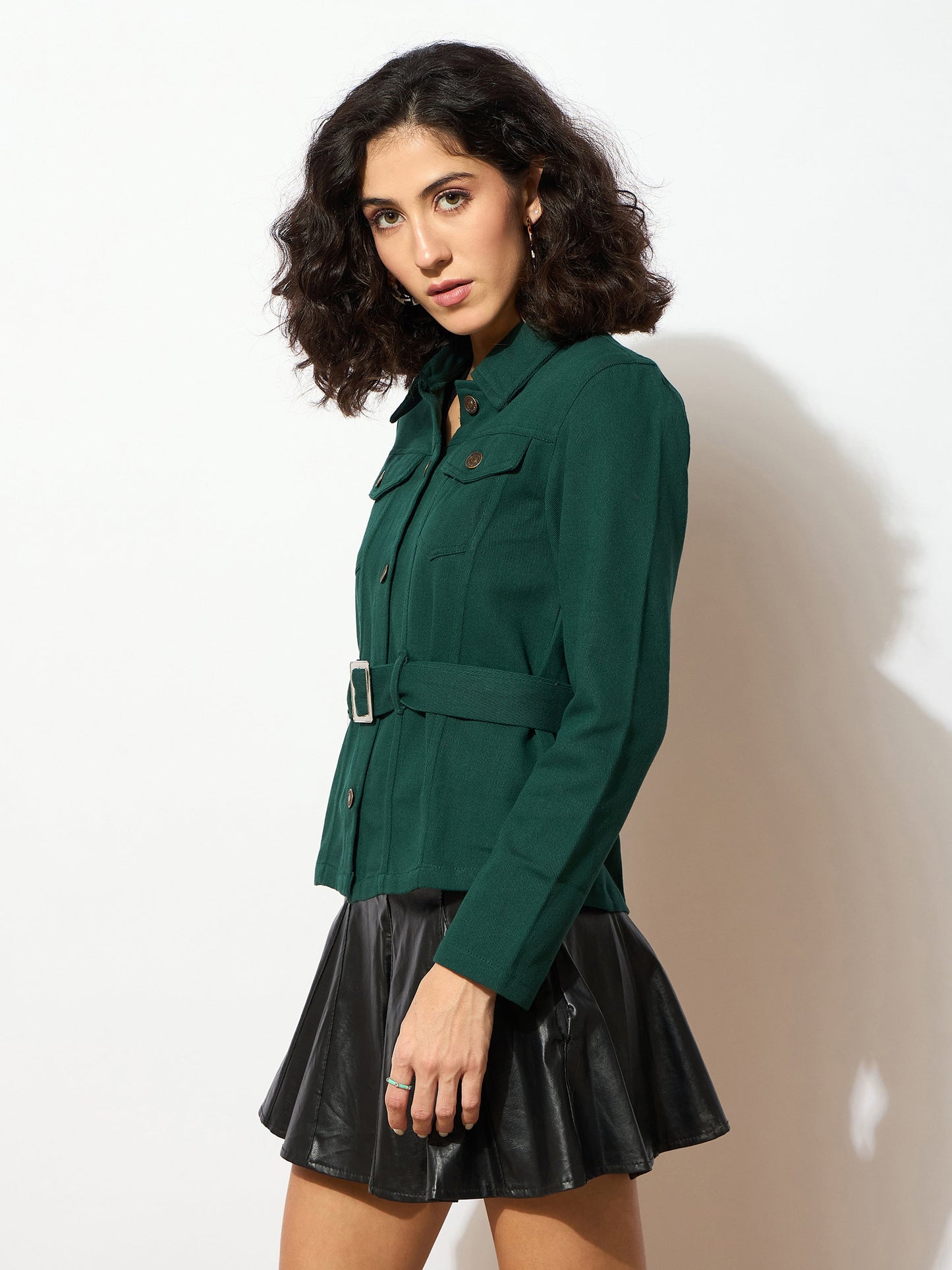 Emerald Green Denim Belted Jacket