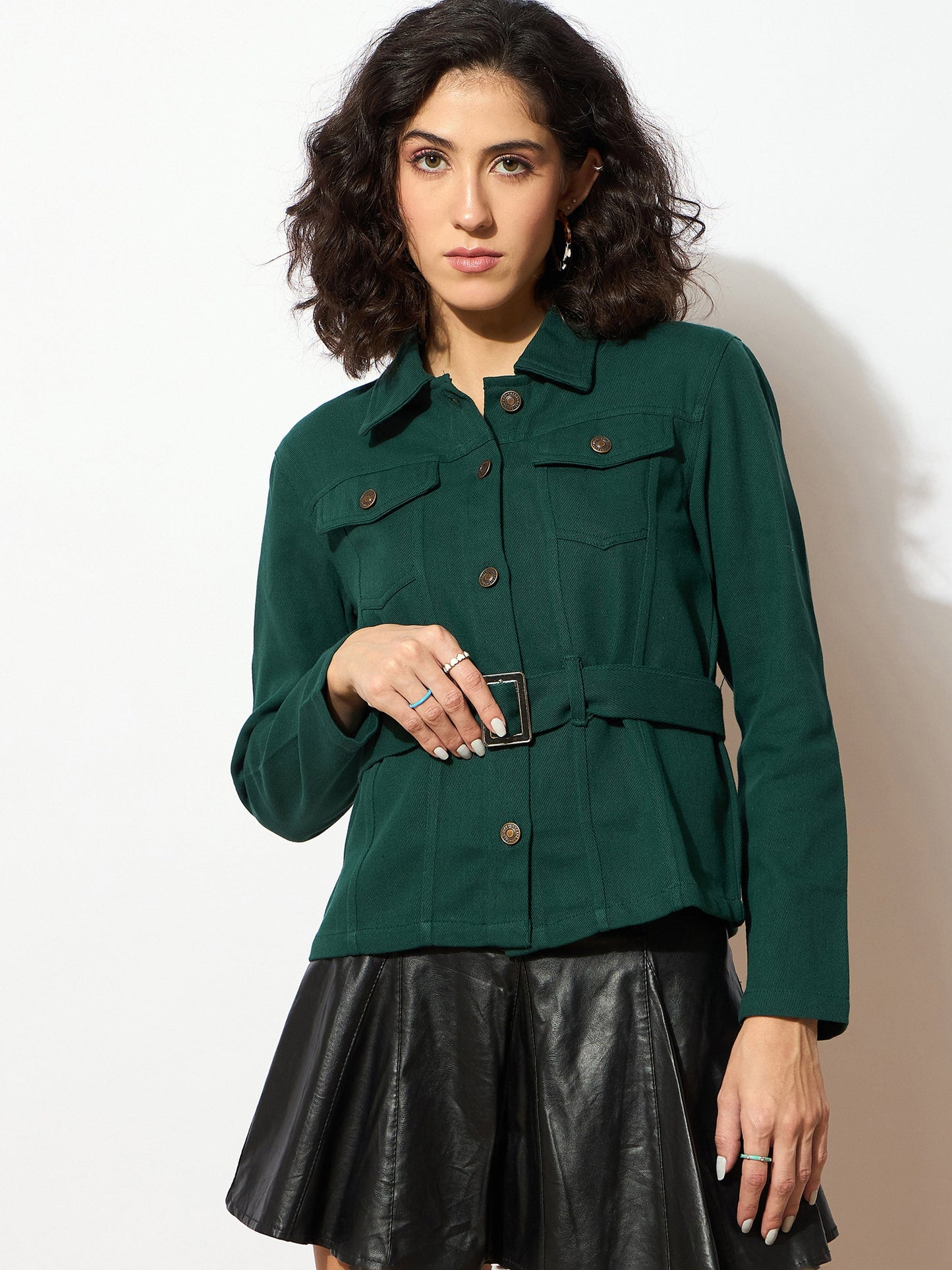 Emerald Green Denim Belted Jacket