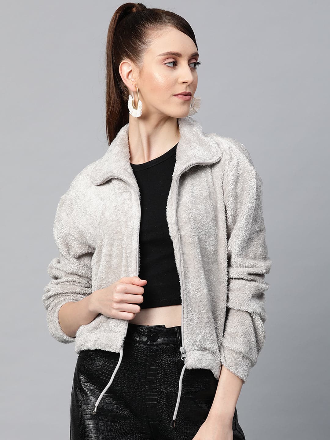 Women's Grey Drawstring Faux Fur Jacket in Polyester by Sassafras for wholesale, bulk, supplier, manufacturer and wholesaler buyers from Trendphoria