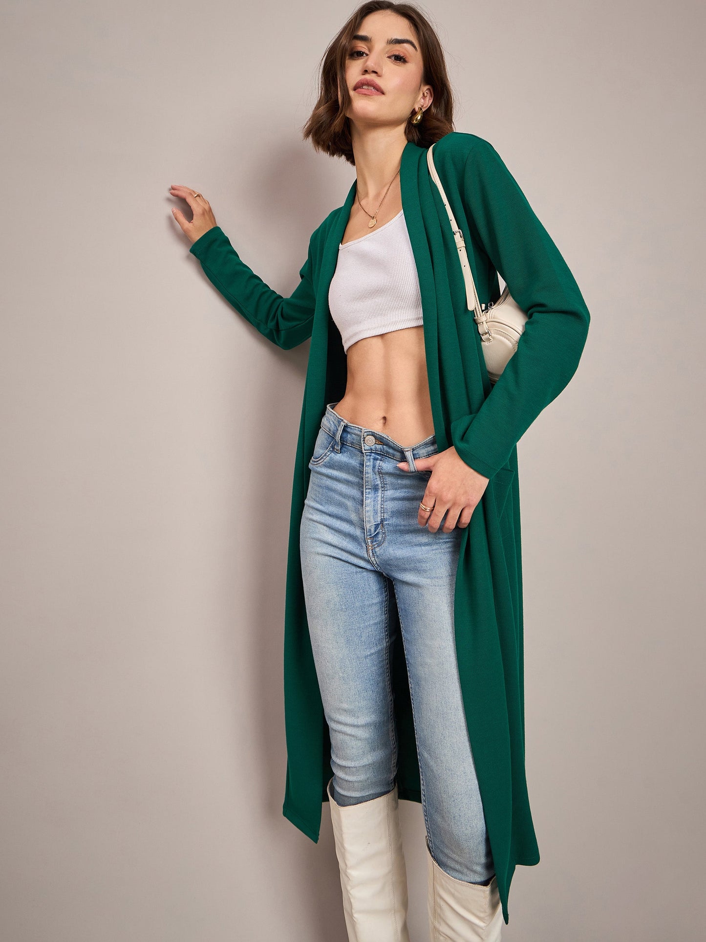 Women's Women Emerald Rib Front Open Longline Shrug in Cotton by Sassafras for wholesale, bulk, supplier, manufacturer and wholesaler buyers from Trendphoria