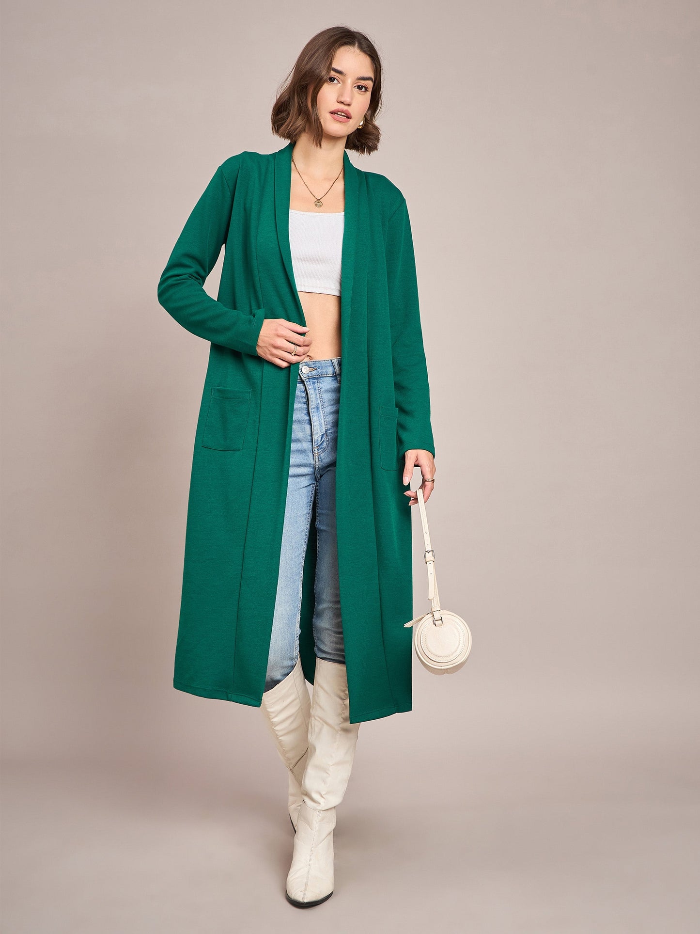 Women Emerald Rib Front Open Longline Shrug