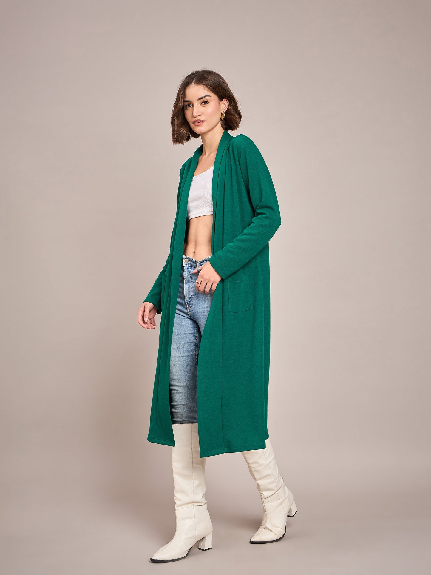 Women Emerald Rib Front Open Longline Shrug