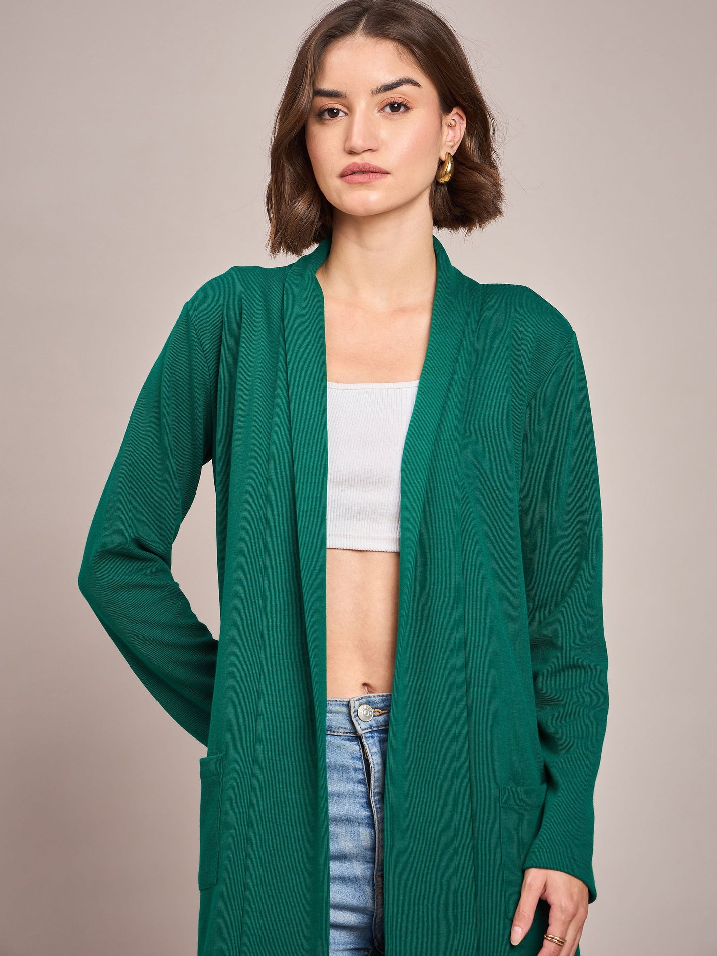 Women Emerald Rib Front Open Longline Shrug
