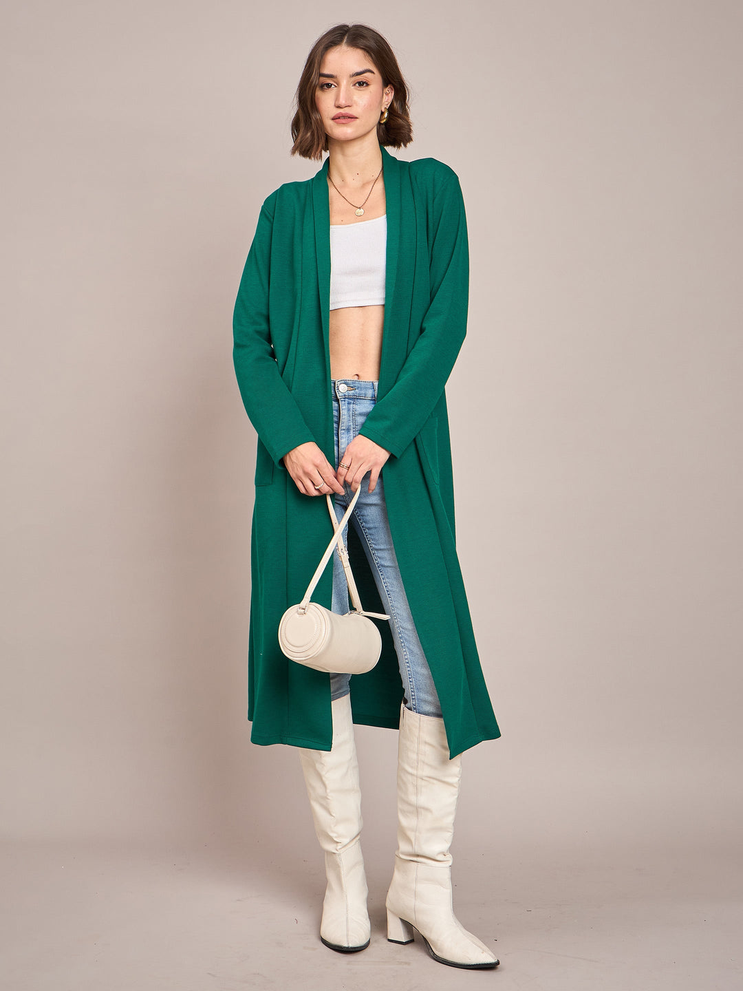 Women Emerald Rib Front Open Longline Shrug