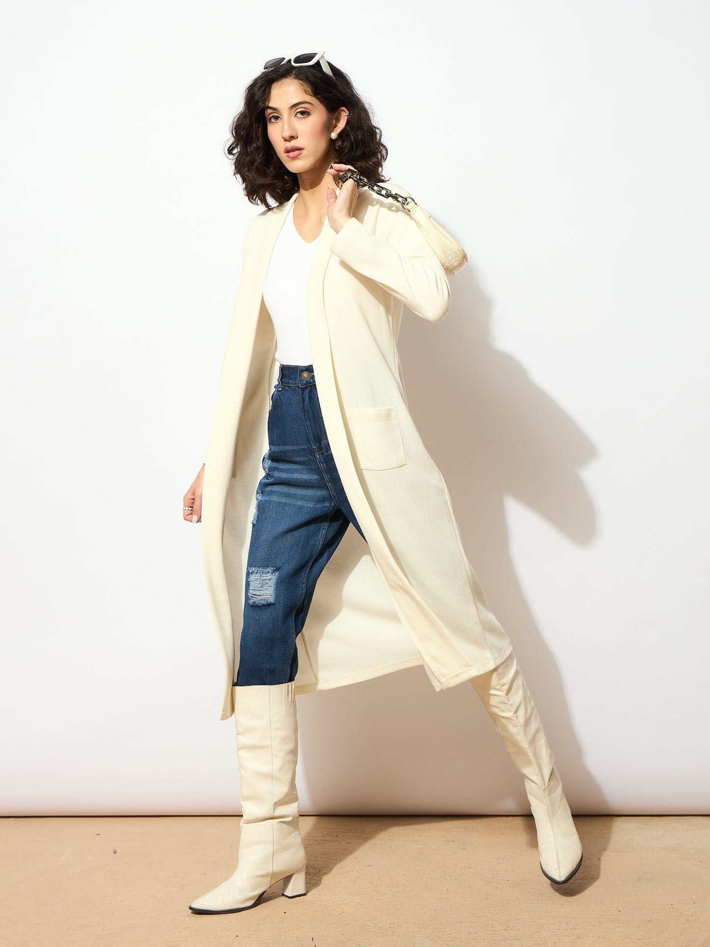 Women Off White Rib Front Open Longline Shrug