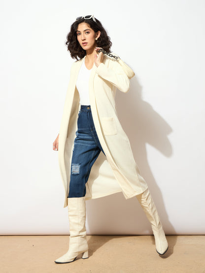 Women Off White Rib Front Open Longline Shrug