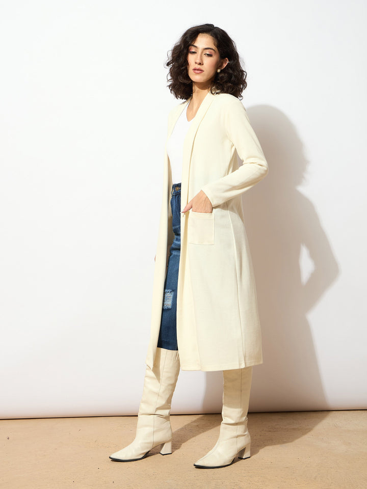 Women Off White Rib Front Open Longline Shrug
