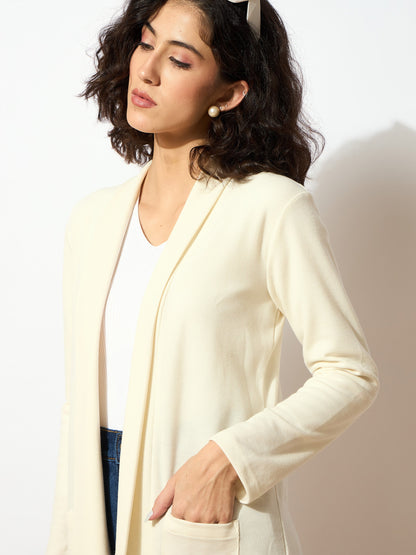 Women Off White Rib Front Open Longline Shrug