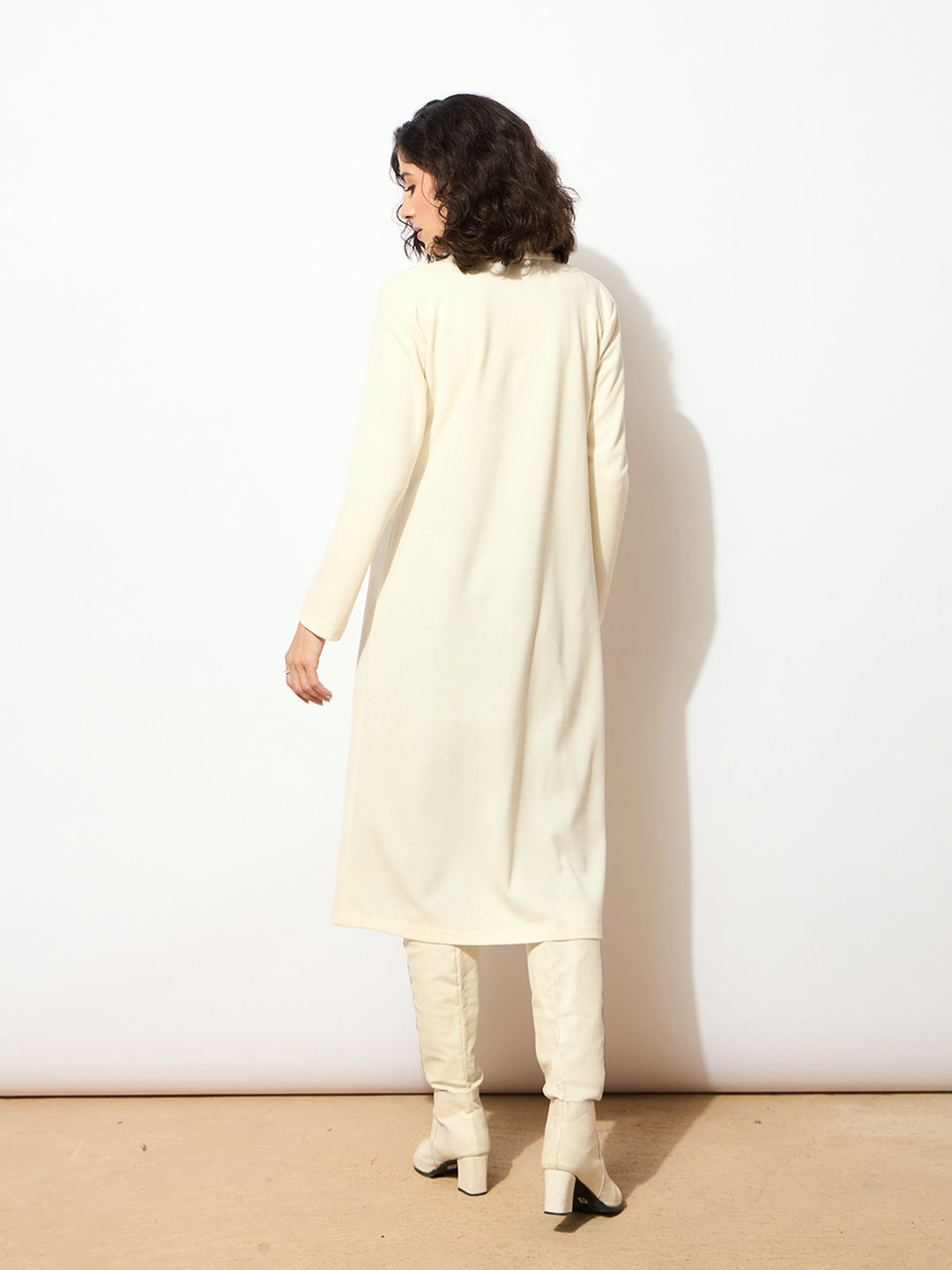 Women Off White Rib Front Open Longline Shrug