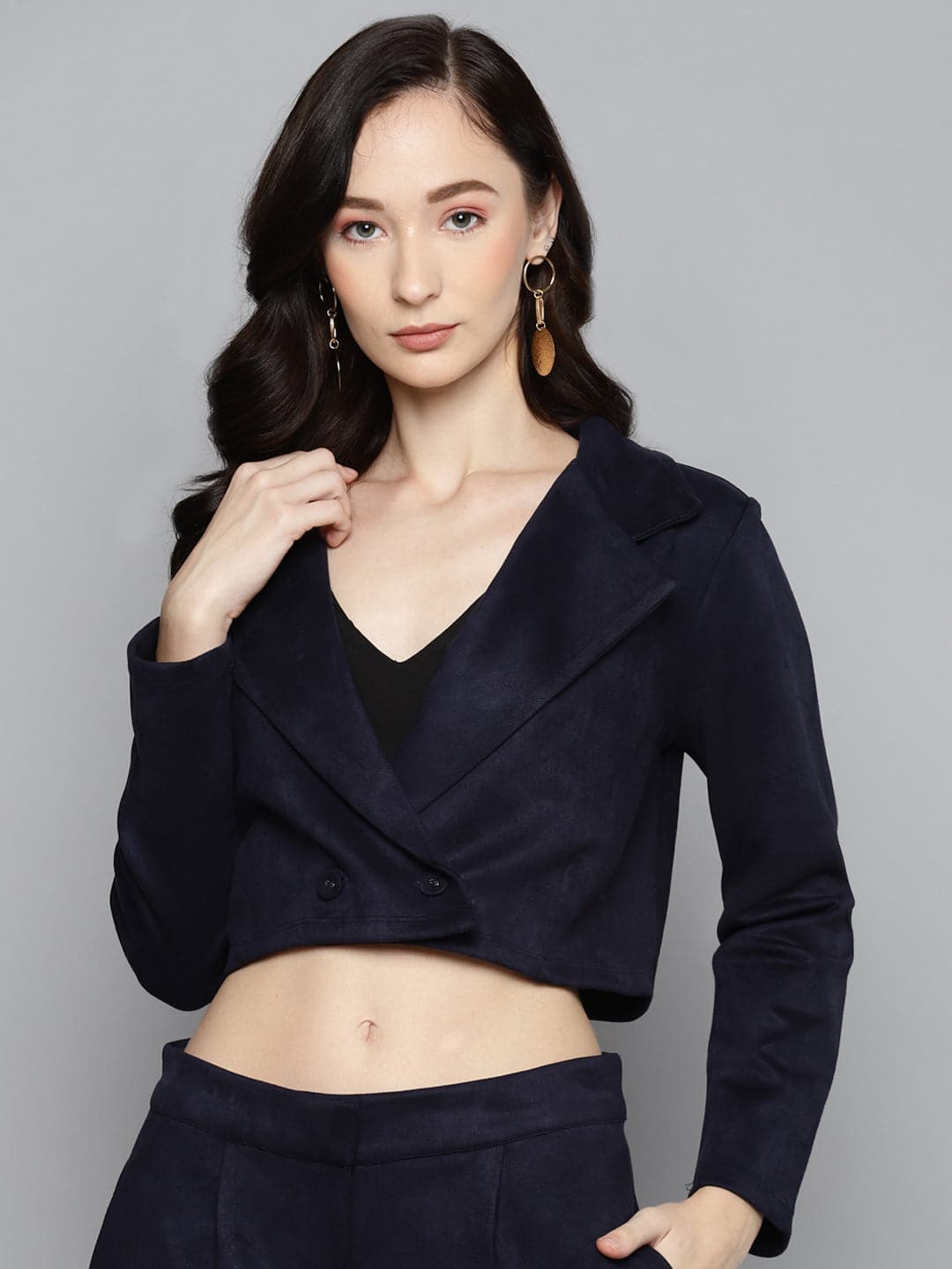 Women's Navy Suede Crop Blazer in Polyester by Sassafras for wholesale, bulk, supplier, manufacturer and wholesaler buyers from Trendphoria