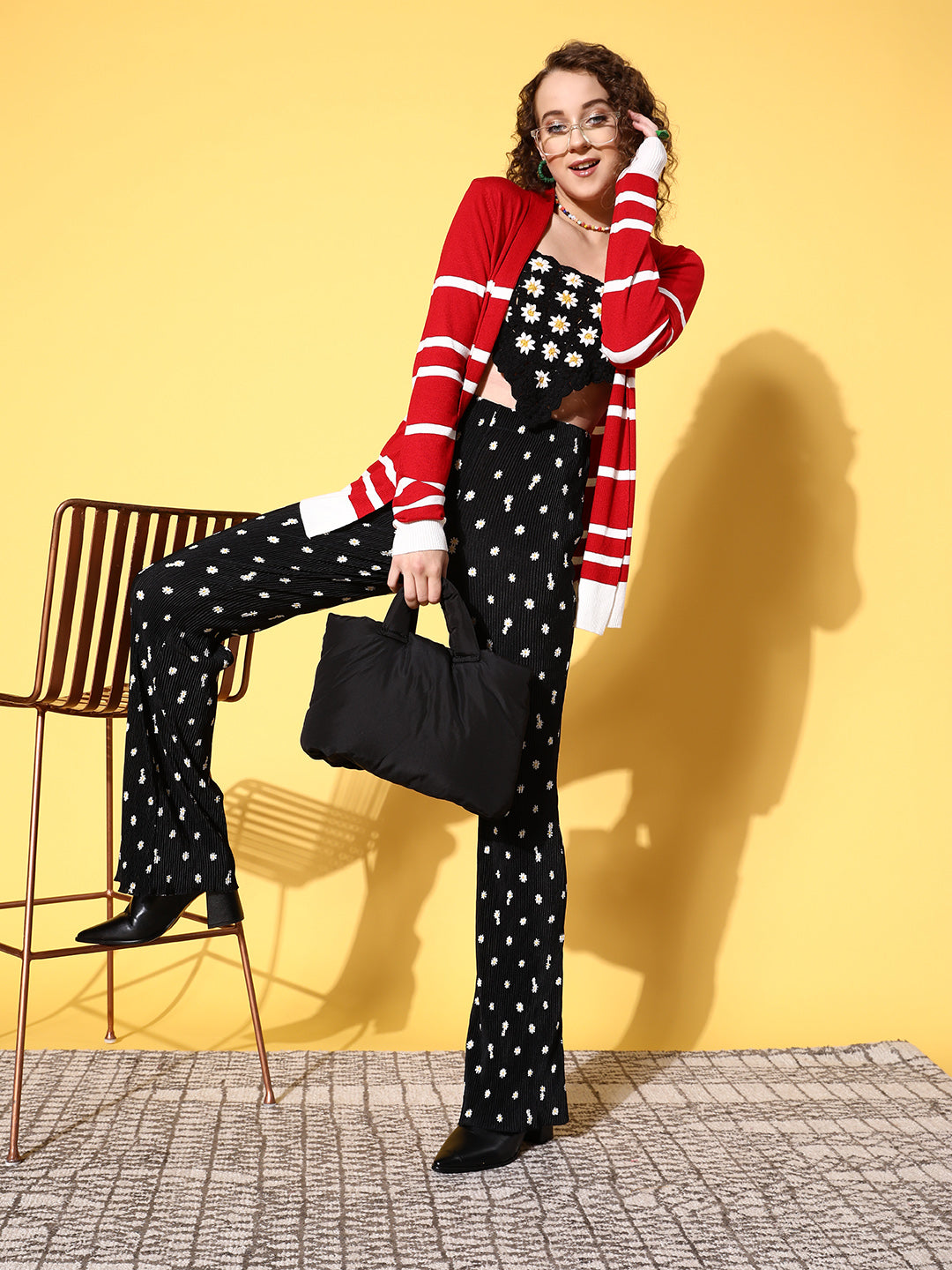 Red & White Striped Rib Front Open Shrug