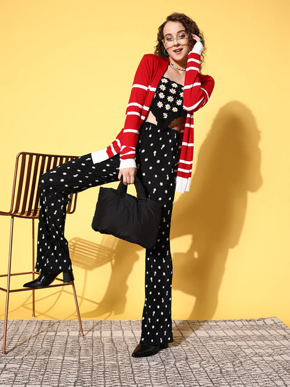 Red & White Striped Rib Front Open Shrug