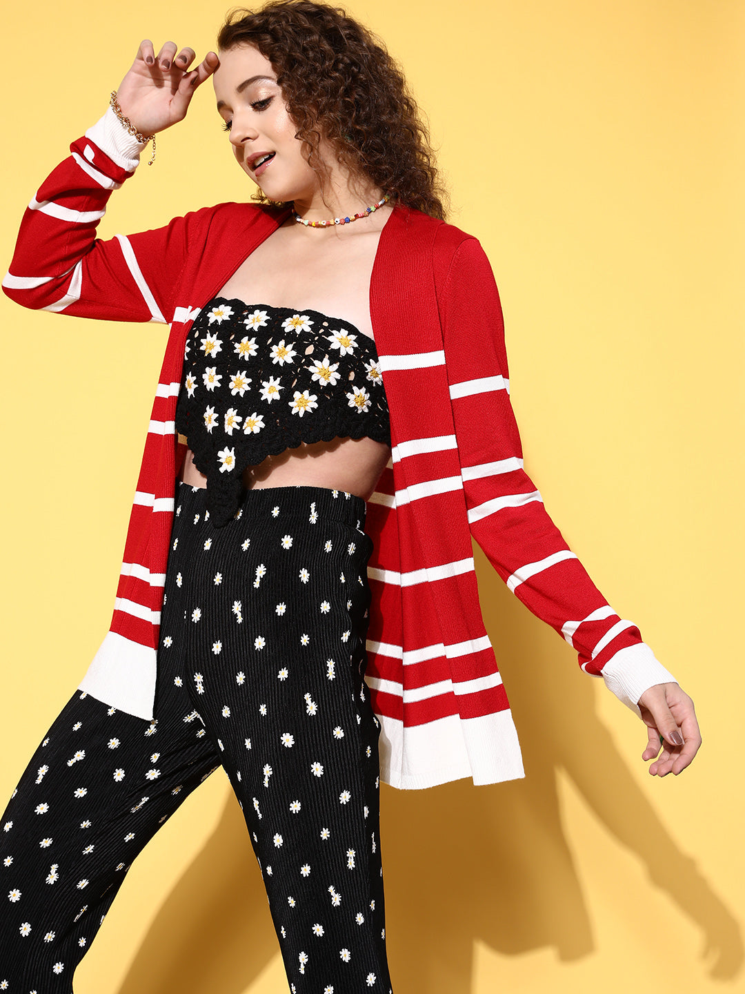 Red & White Striped Rib Front Open Shrug