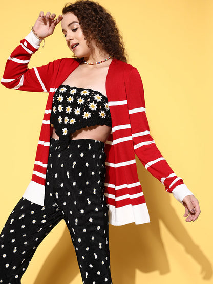Red & White Striped Rib Front Open Shrug