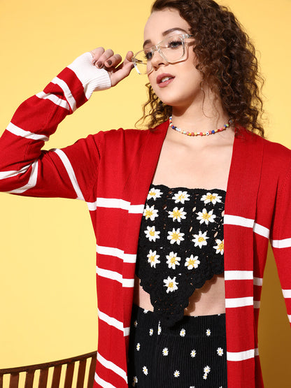 Red & White Striped Rib Front Open Shrug