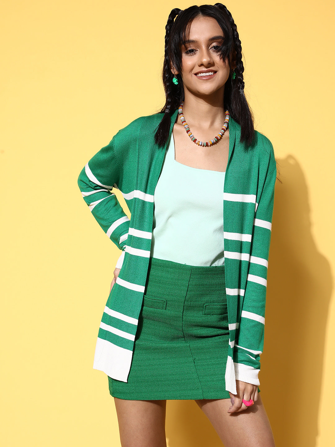 Green & White Striped Rib Front Open Shrug