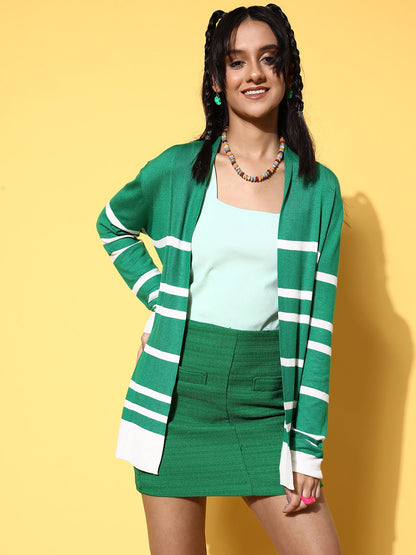 Green & White Striped Rib Front Open Shrug